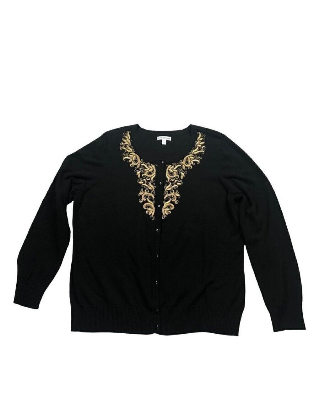 Croft & Barrow Black with Embroidered Gold Filigree Cardigan Sweater Size XL